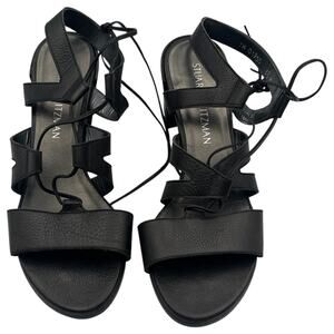 Stuart Weitzman Tiegirlbingo Lace Up Strappy Leather Block Heel Sandal Black 6.5